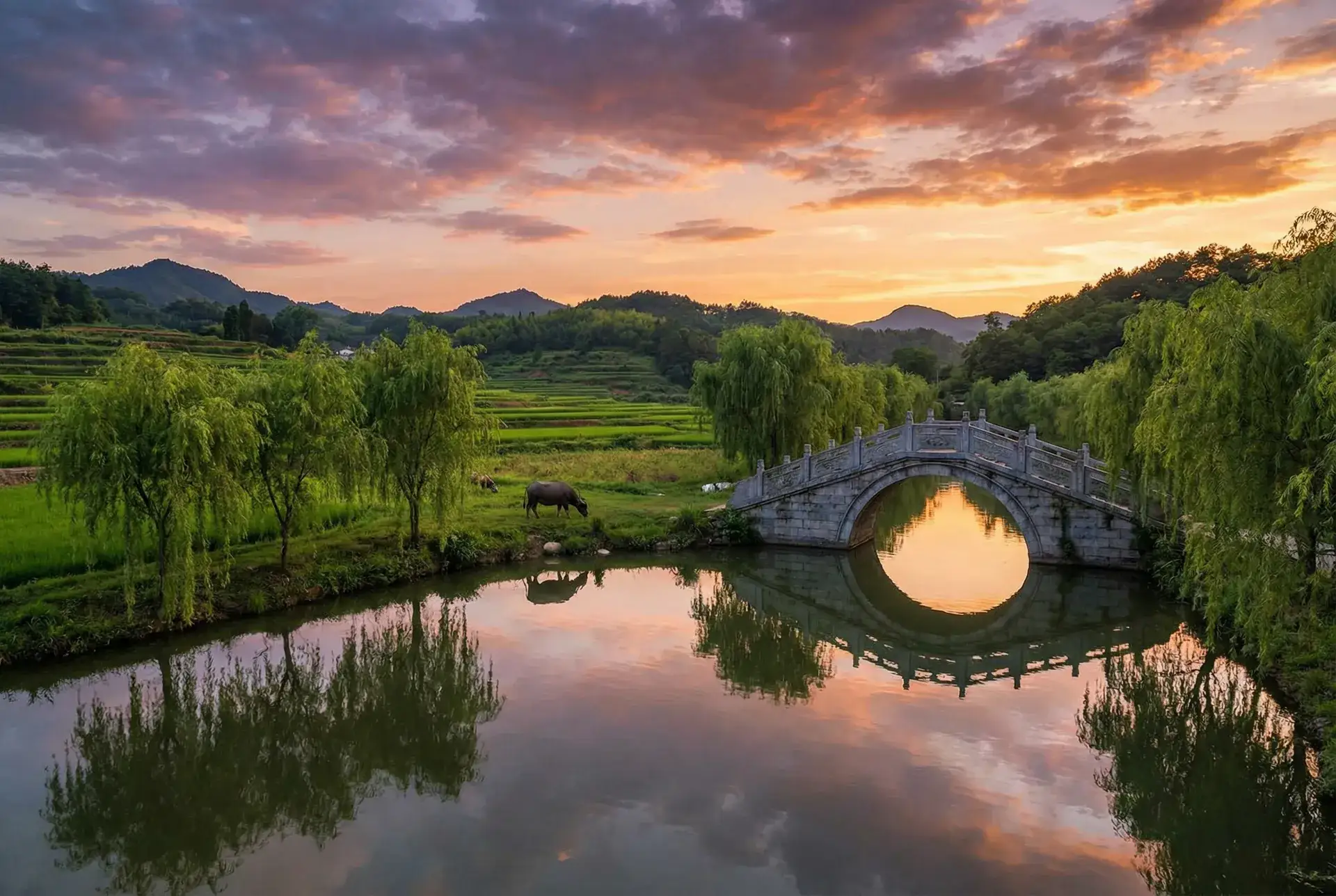 夕阳下的石拱桥与垂柳，水牛在河边吃草 - 电影就是电影在线观看免费完整版 乡村美景